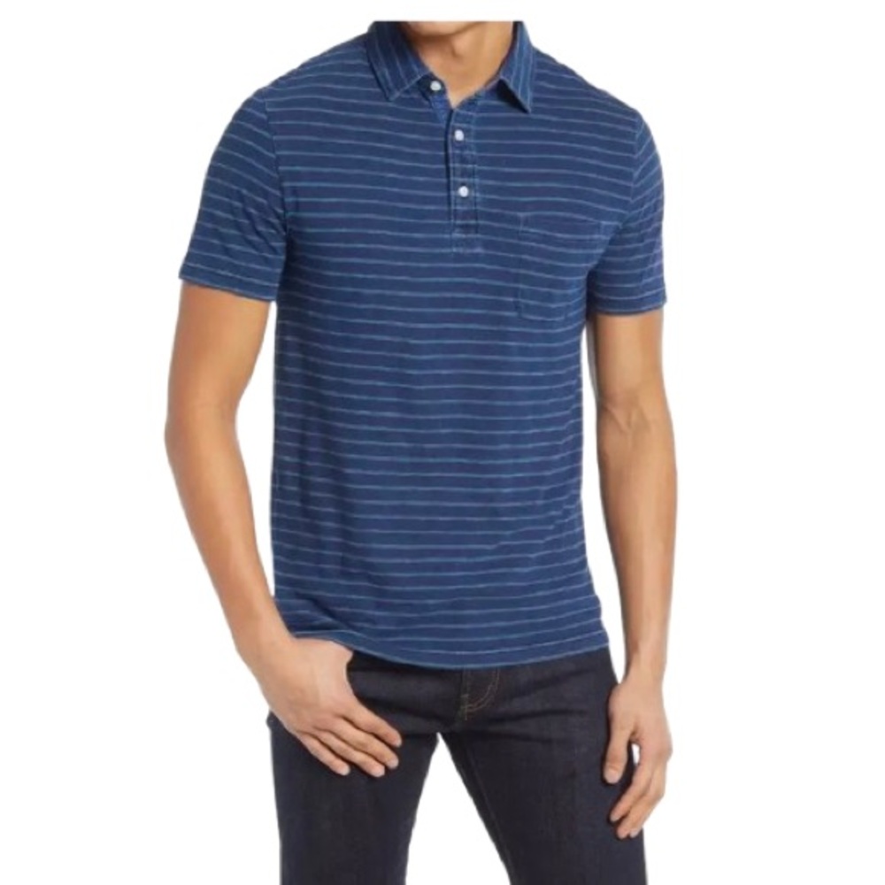 Faherty Men’s Pinstripe Short Sleeve Polo Deep Sea Stripe Sz L 100% Cotton